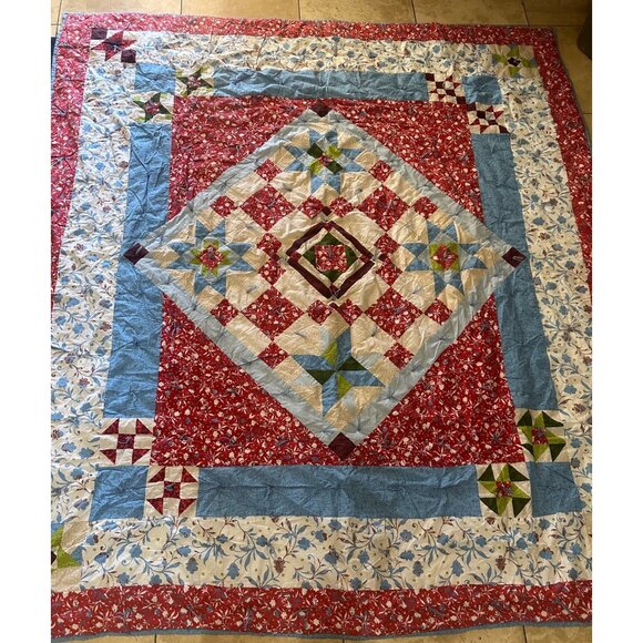 Vintage-Style Handmade Patchwork Quilt 82”x72” – Cozy Farmhouse Shabby Chic Red - Picture 1 of 10